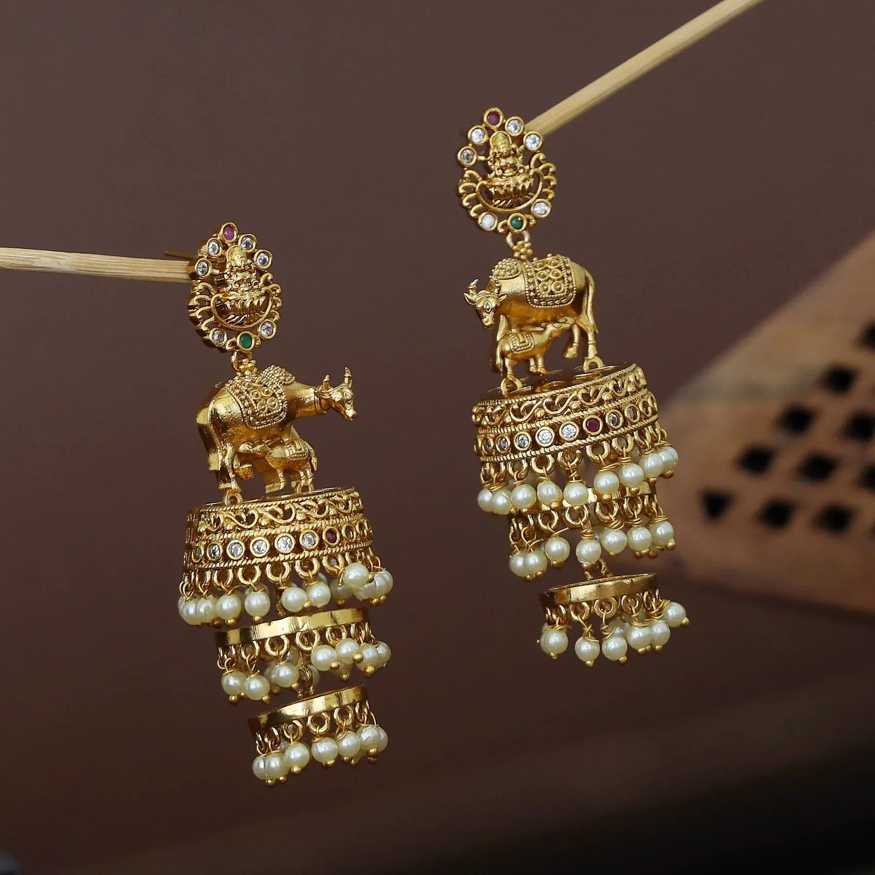 Lakshmi Feeding Calf Design Three Layer Pearl Jhumka
