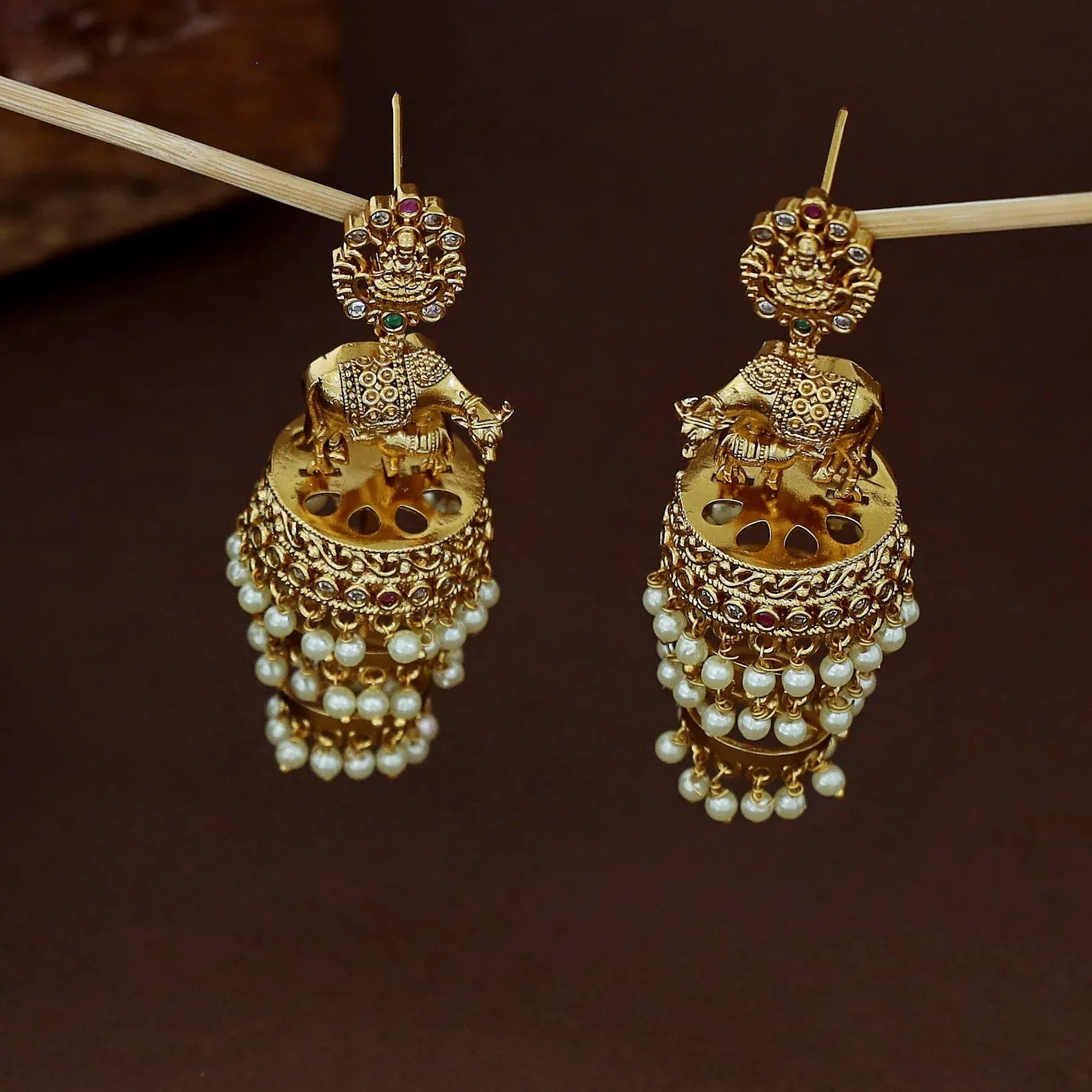 Lakshmi Feeding Calf Design Three Layer Pearl Jhumka