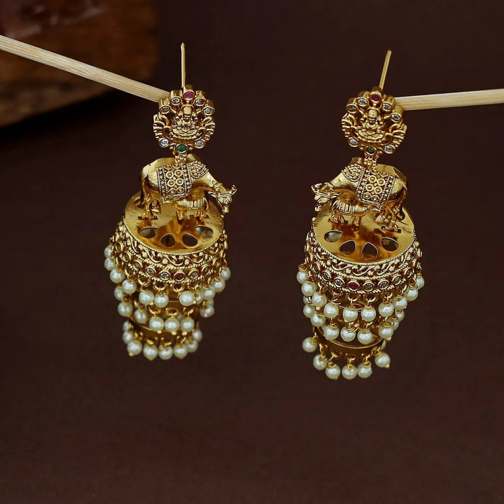 Lakshmi Feeding Calf Design Three Layer Pearl Jhumka
