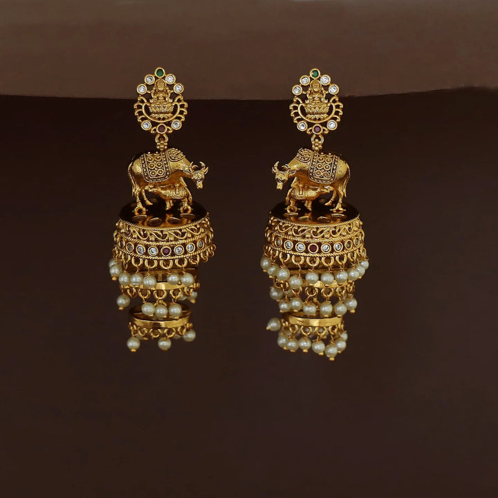 Lakshmi Feeding Calf Design Three Layer Pearl Jhumka