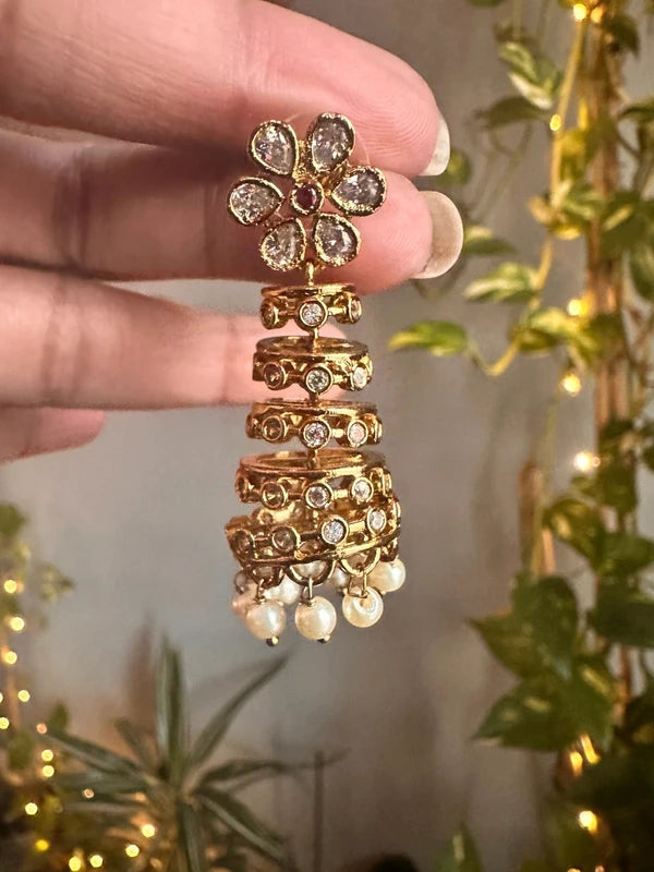 Flower Tower White Jhumka