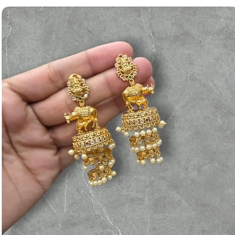 Lakshmi Feeding Calf Design Three Layer Pearl Jhumka