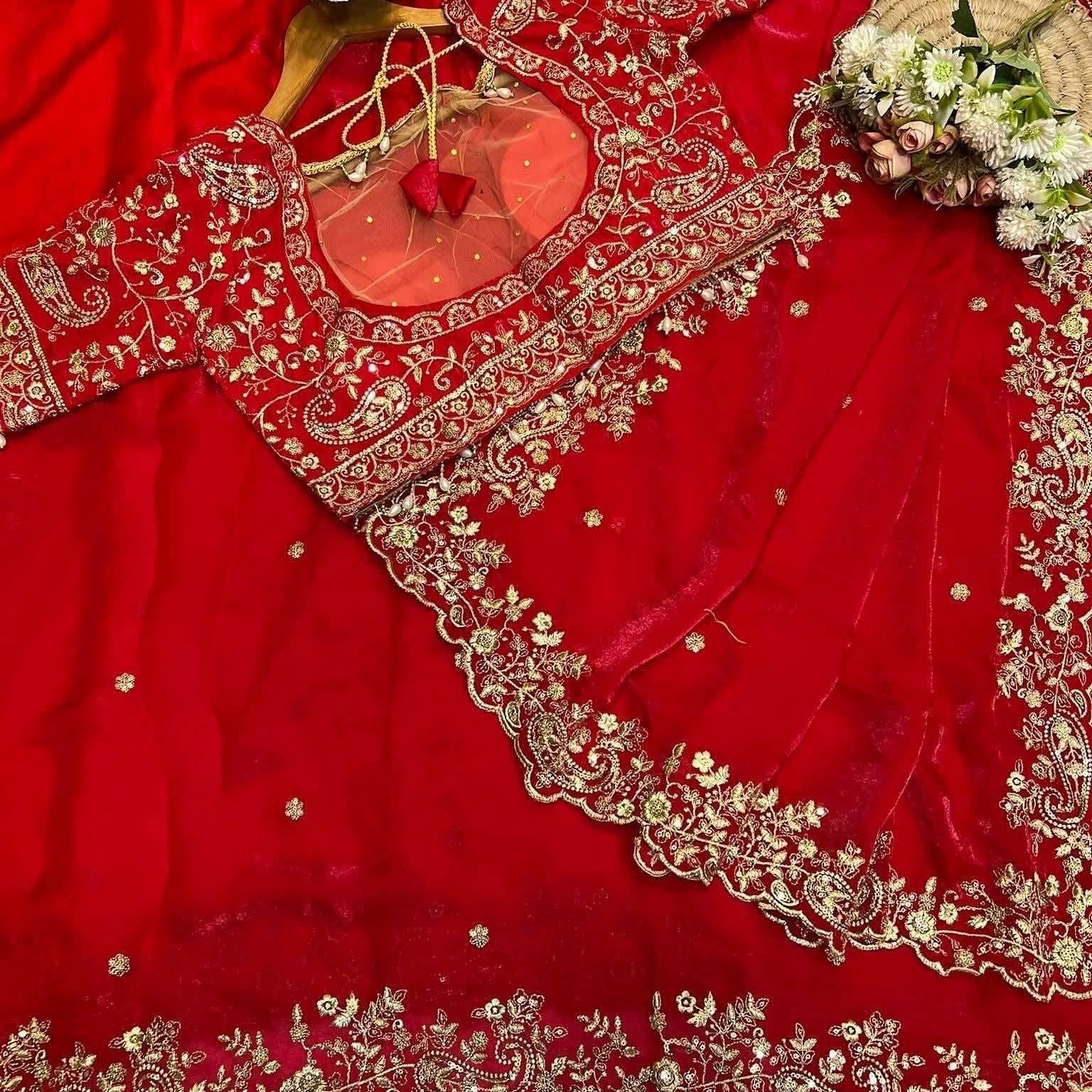 embroidery saree with ready made blouse-red