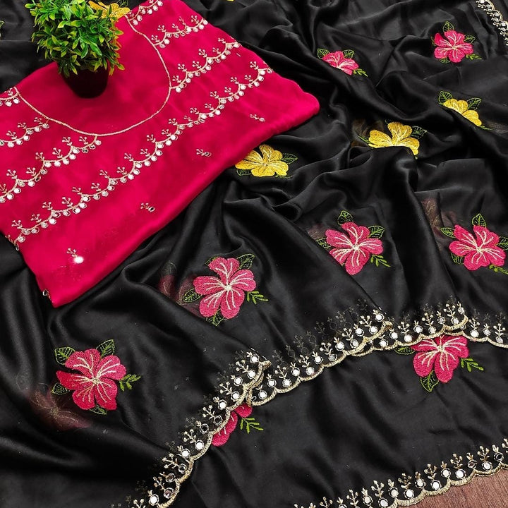 Floral embroidery  silk saree