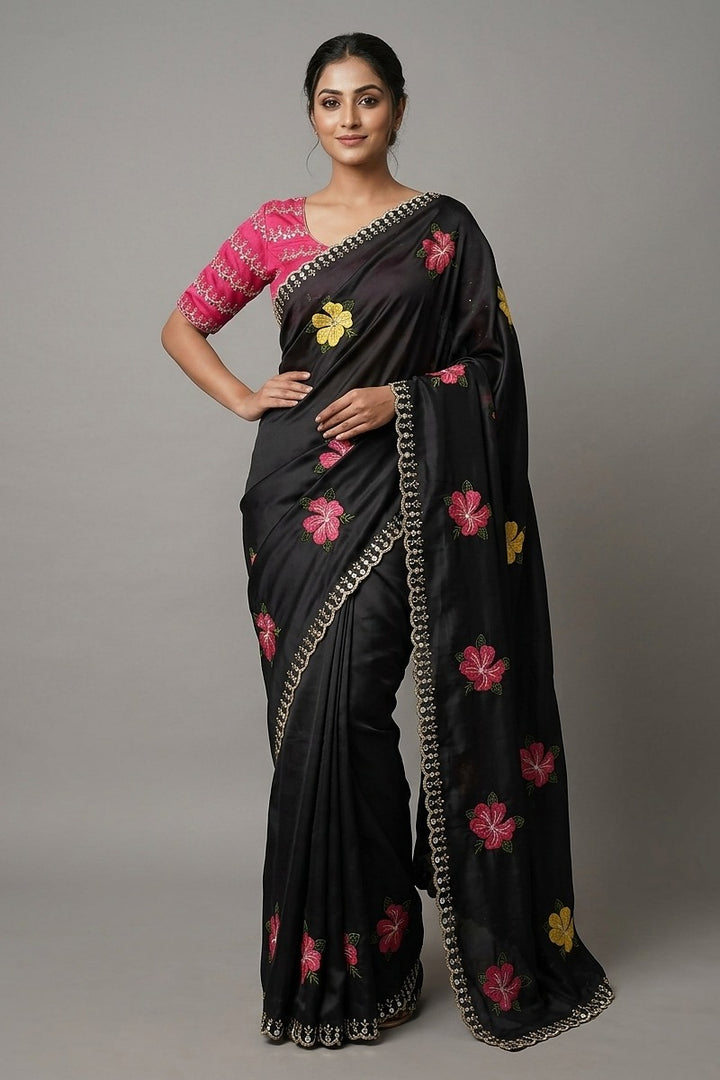 Floral embroidery  silk saree
