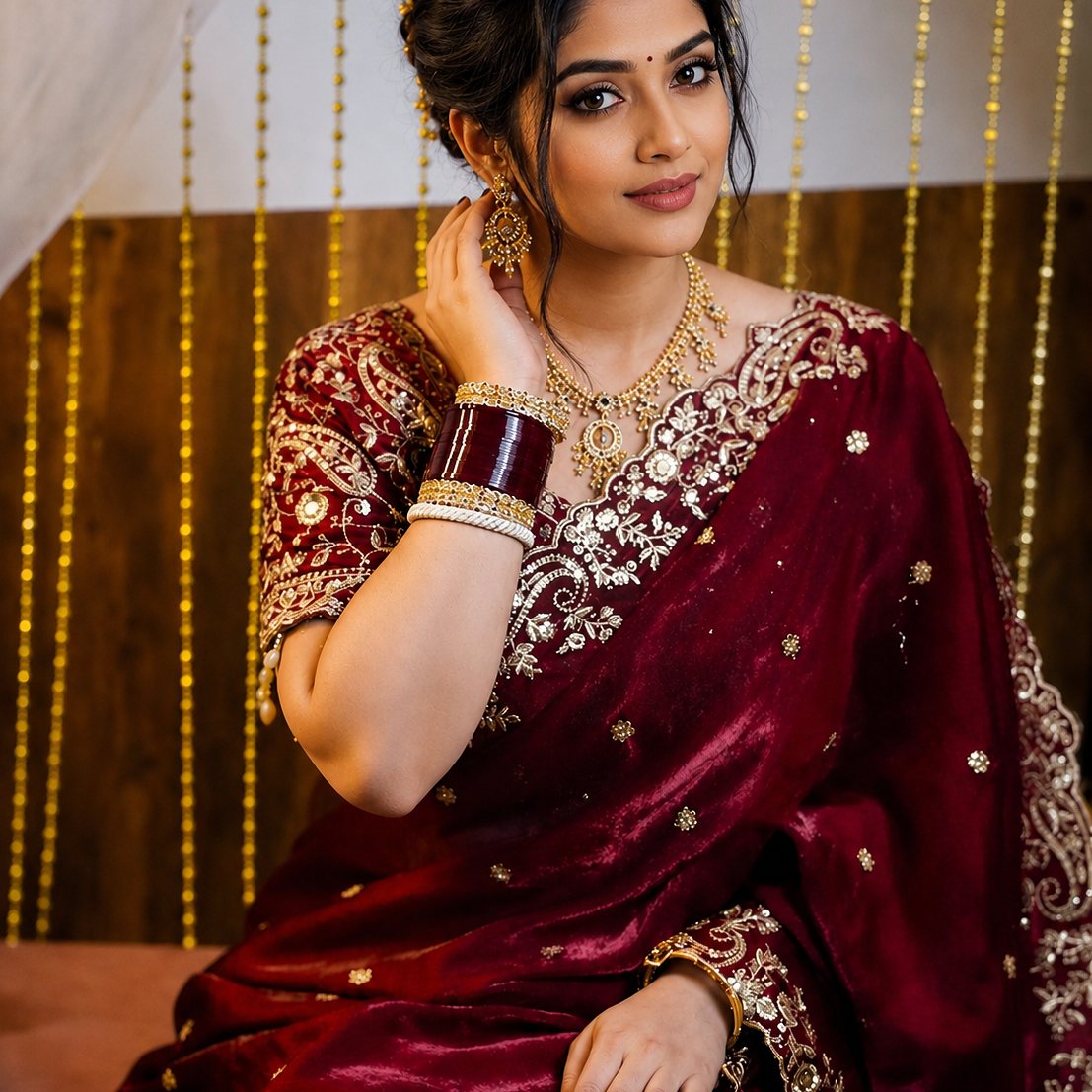 embroidery saree with ready made blouse-wine colour