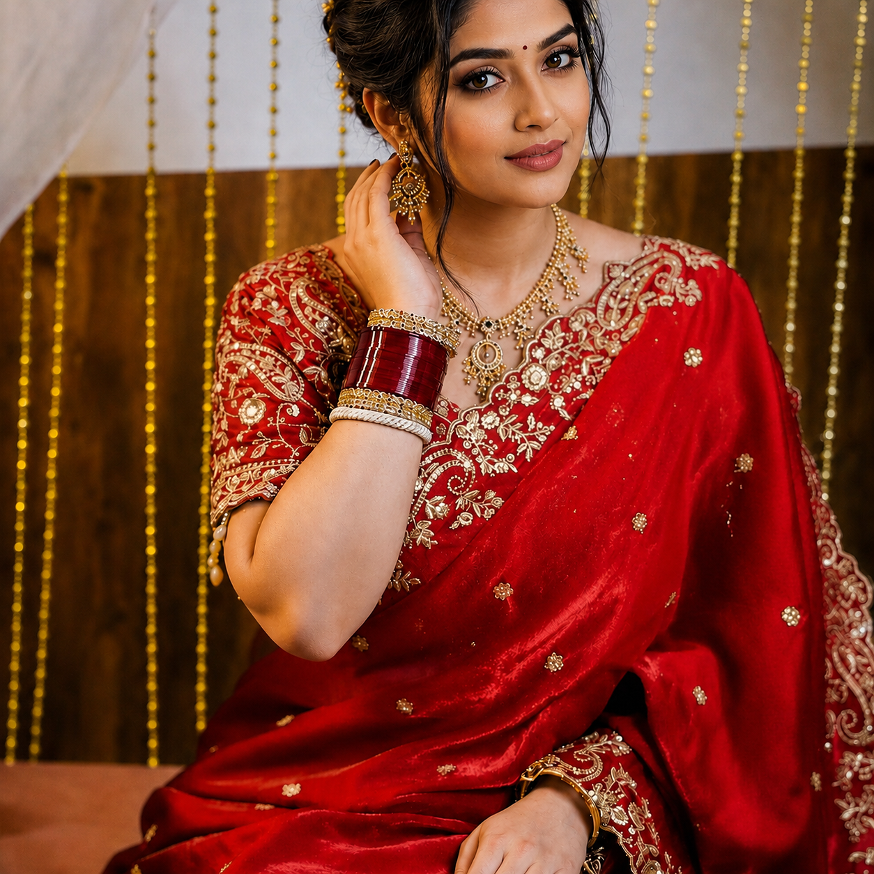 embroidery saree with ready made blouse-red