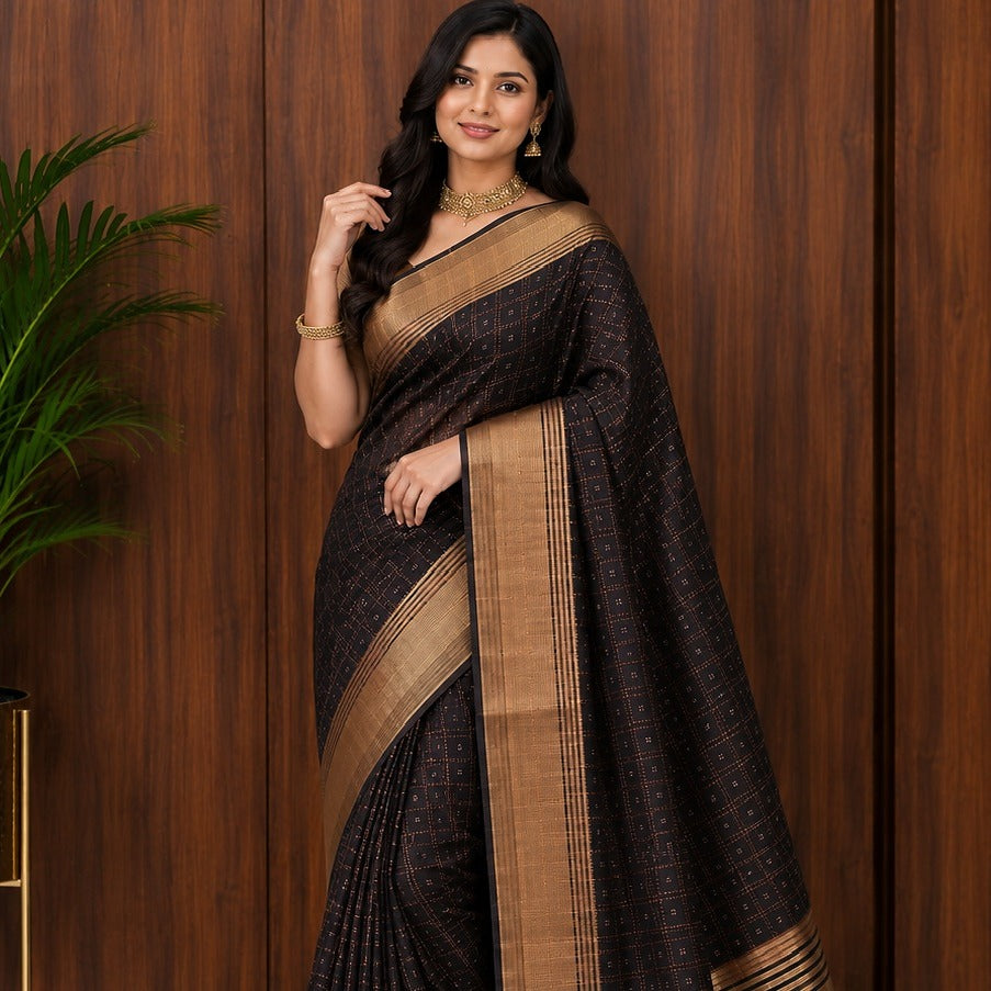 Softsilk dark purple with copper border saree