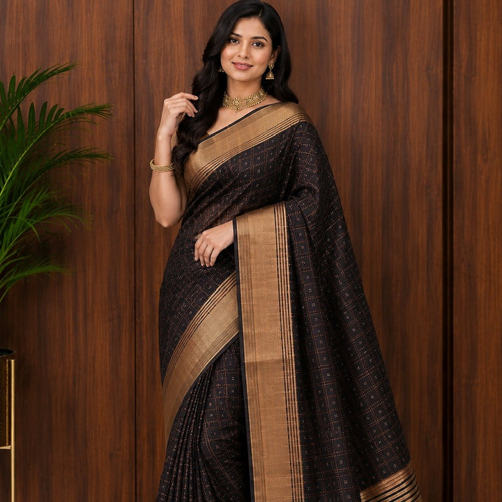 Softsilk dark purple with copper border saree