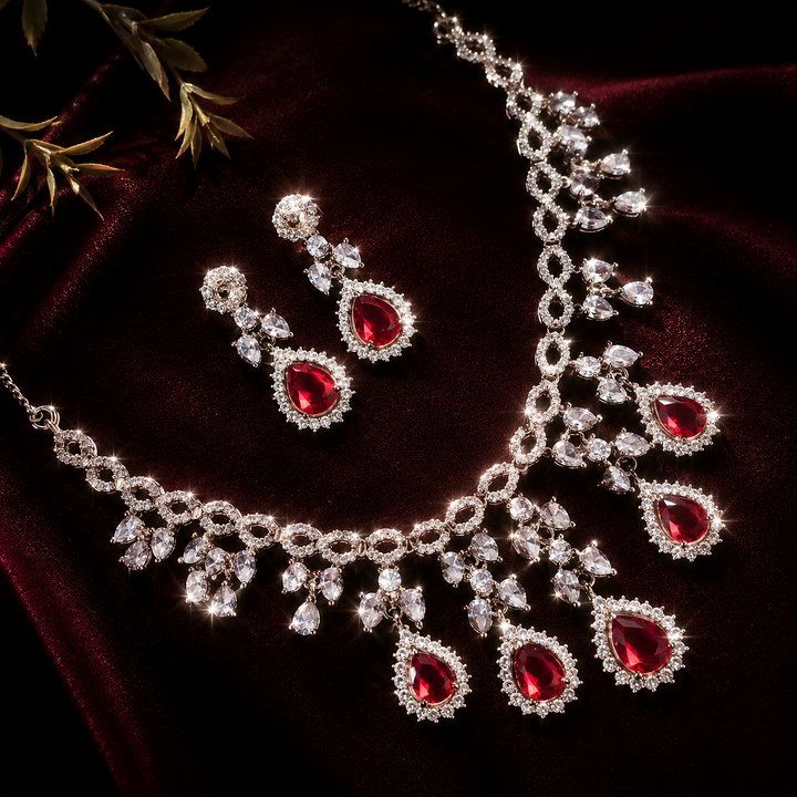 AD Dark red with silver stone necklace set