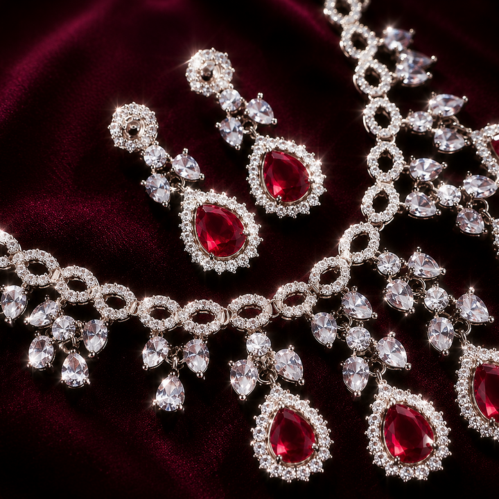 AD Dark red with silver stone necklace set