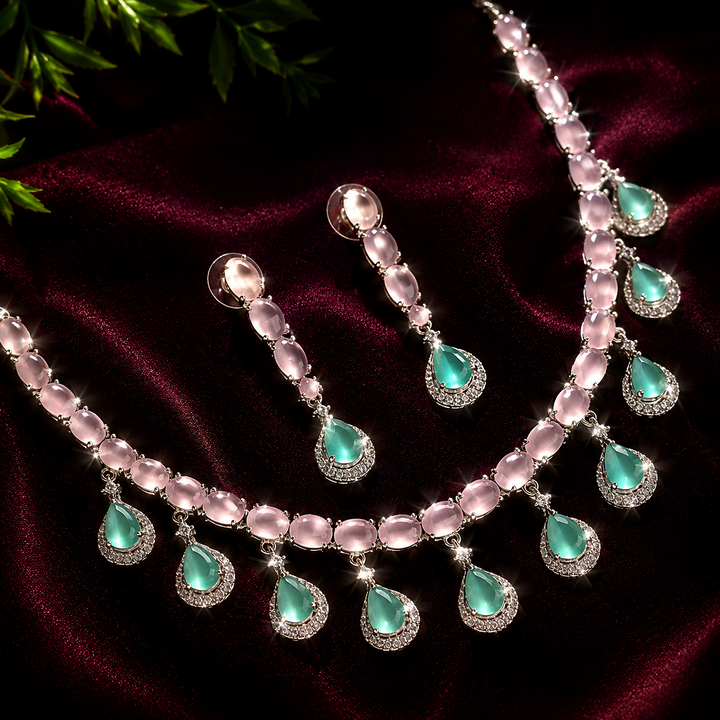 Sea Green with pink AD necklace set
