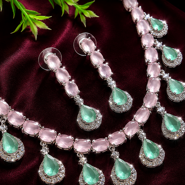 Sea Green with pink AD necklace set