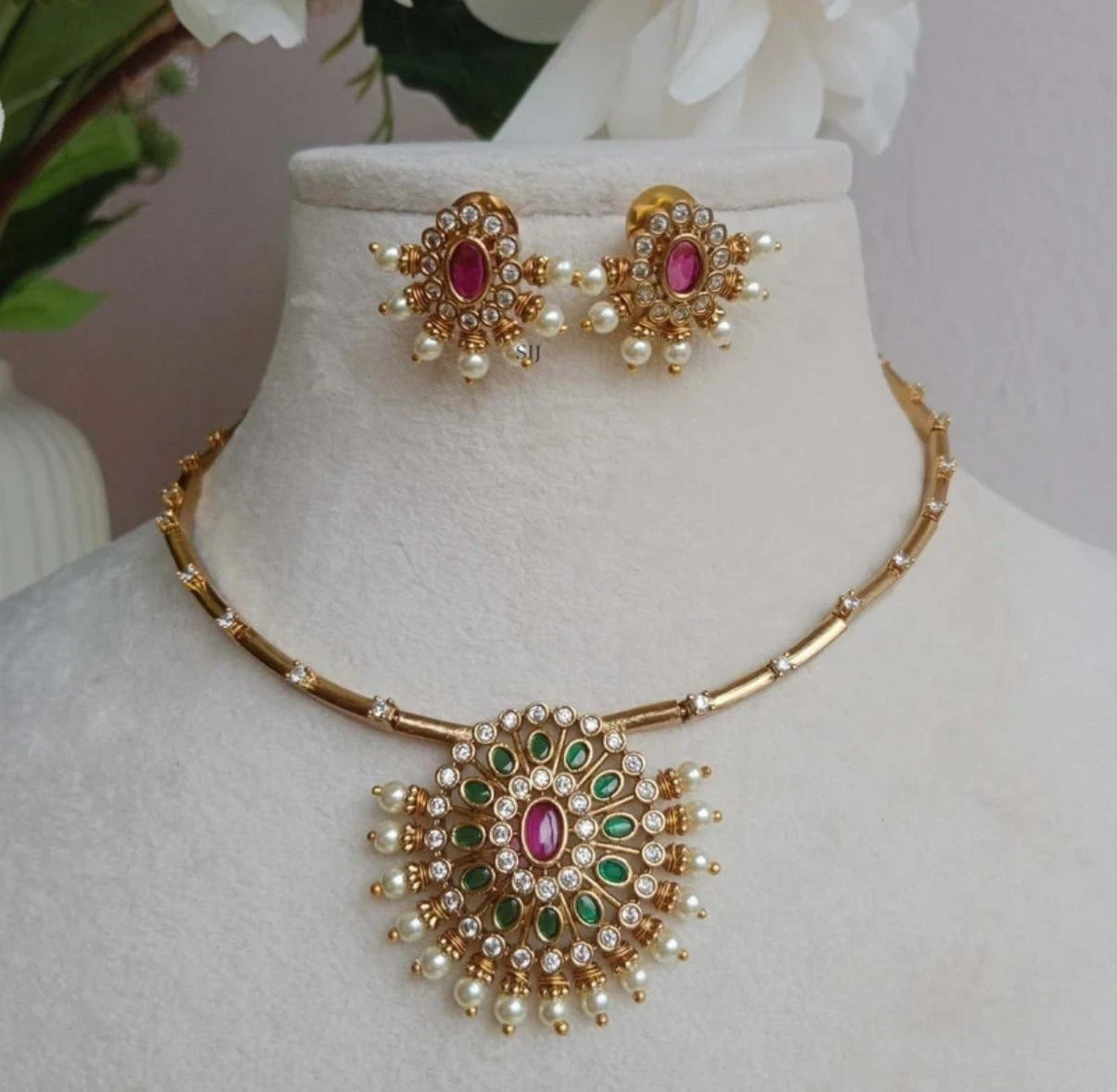 Green,Pink,White Stone Combo Set
