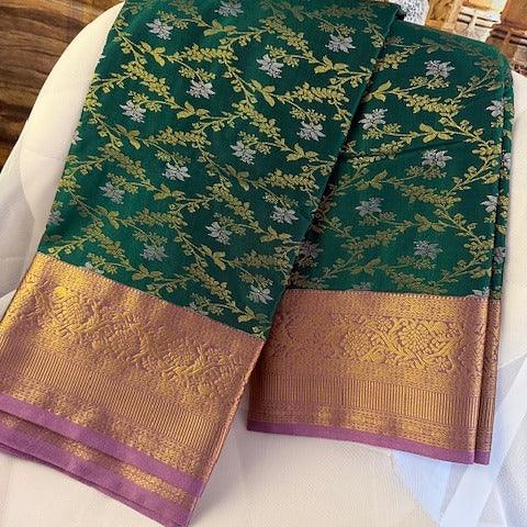 soft Premium kanji pattu saree (Bottle green with lavender)