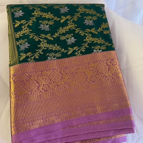soft Premium kanji pattu saree (Bottle green with lavender)