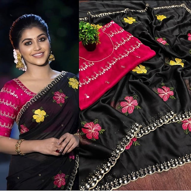 Floral embroidery  silk saree