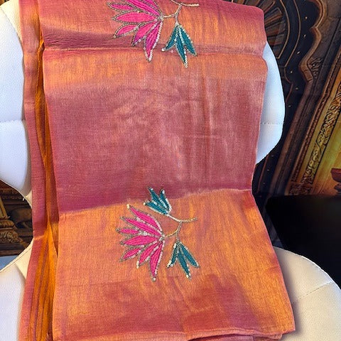 Embroidary work silk tissue saree