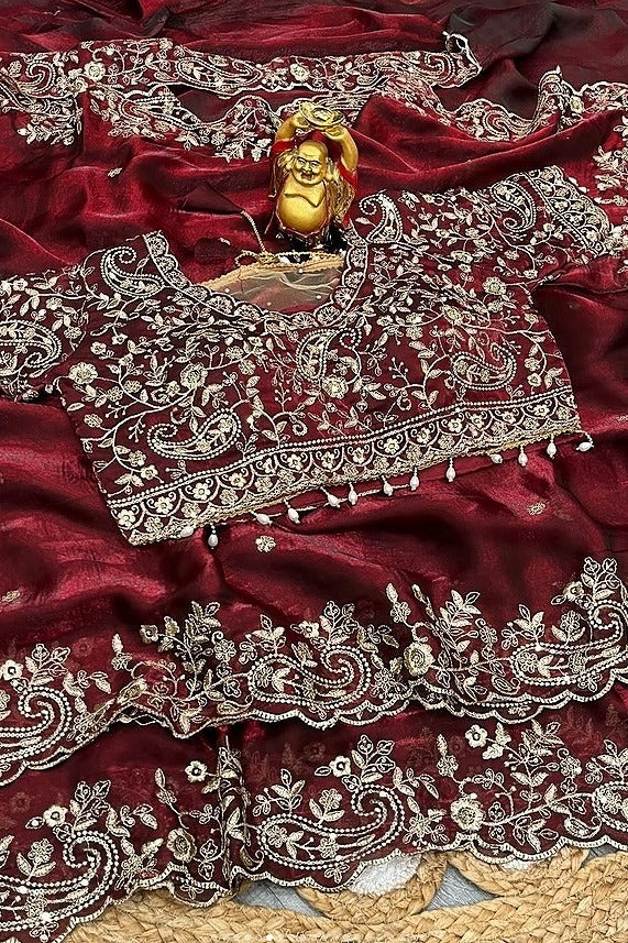 embroidery saree with ready made blouse-wine colour