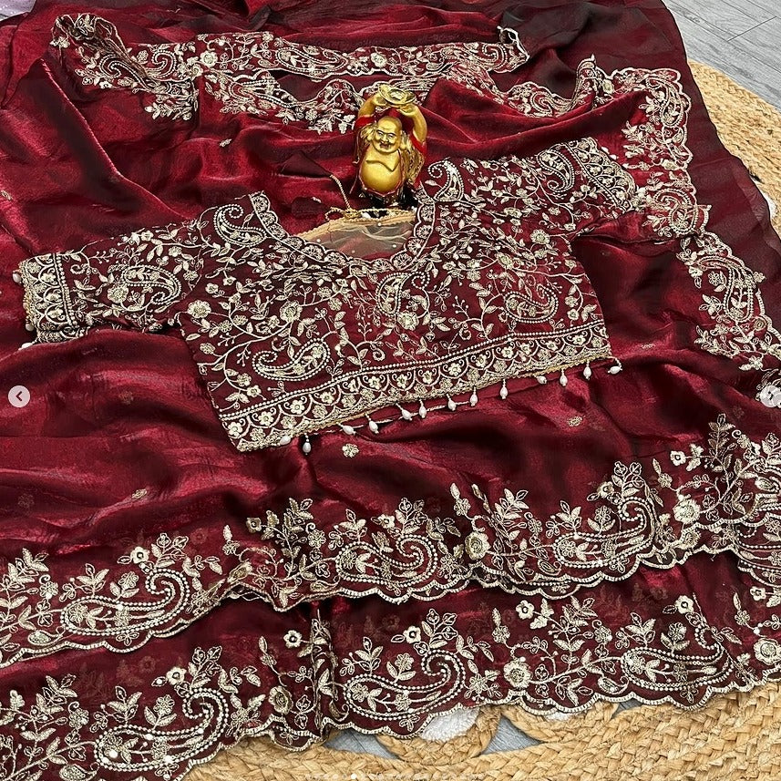 embroidery saree with ready made blouse-wine colour