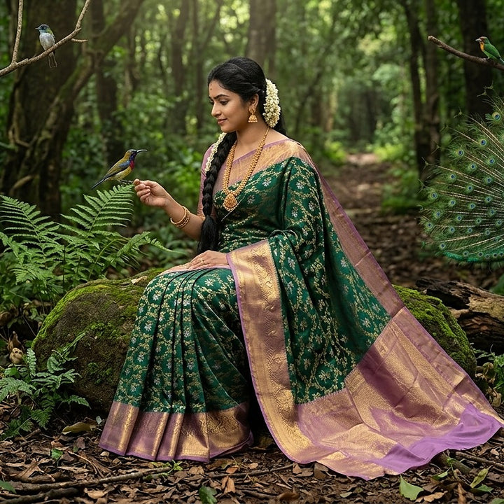 soft Premium kanji pattu saree (Bottle green with lavender)