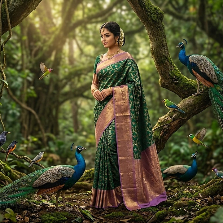 soft Premium kanji pattu saree (Bottle green with lavender)