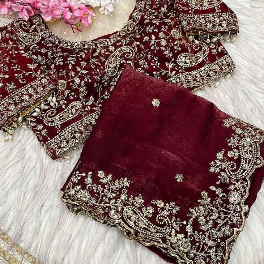 embroidery saree with ready made blouse-wine colour