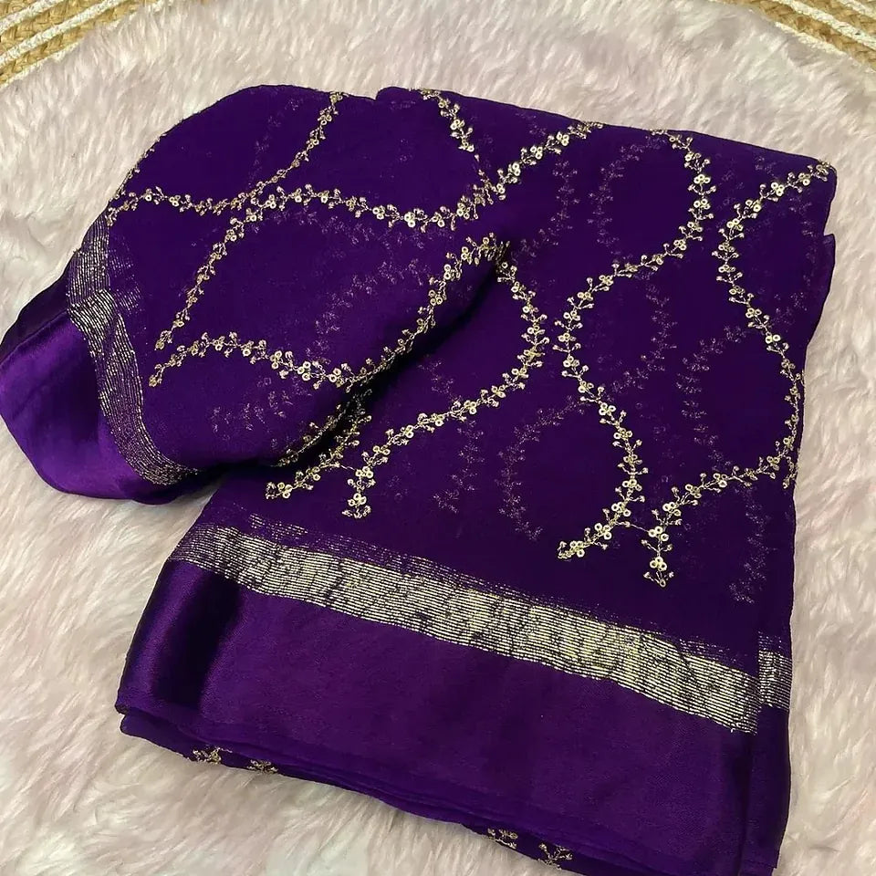 Embroidered Viscose Georgette Saree With Satin Border