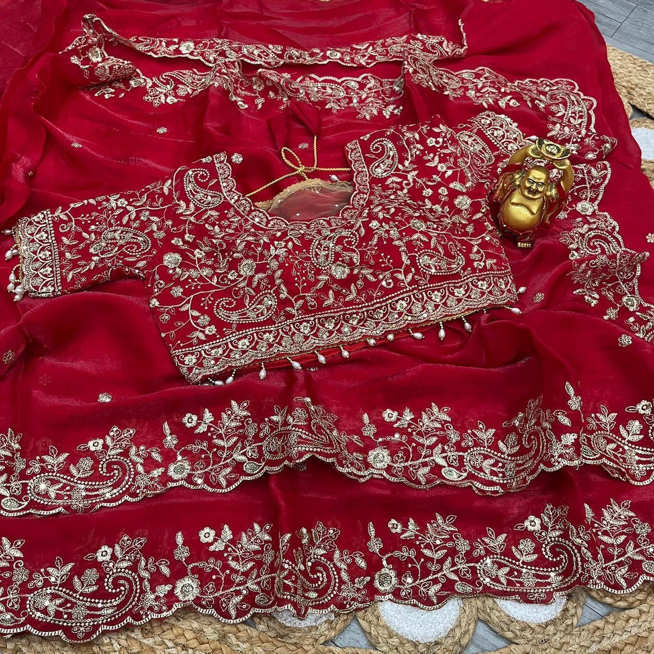 embroidery saree with ready made blouse-red